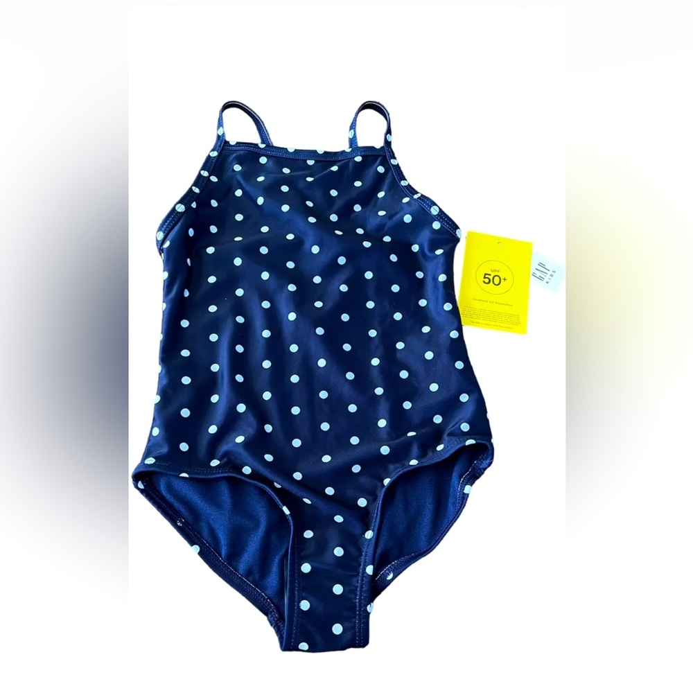 GAP Girls One Piece Swimming Suit, Blue White Polka Print, Size XS 4/5